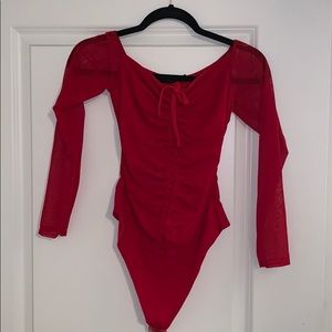 Off the shoulder red bodysuit mesh sleeves!